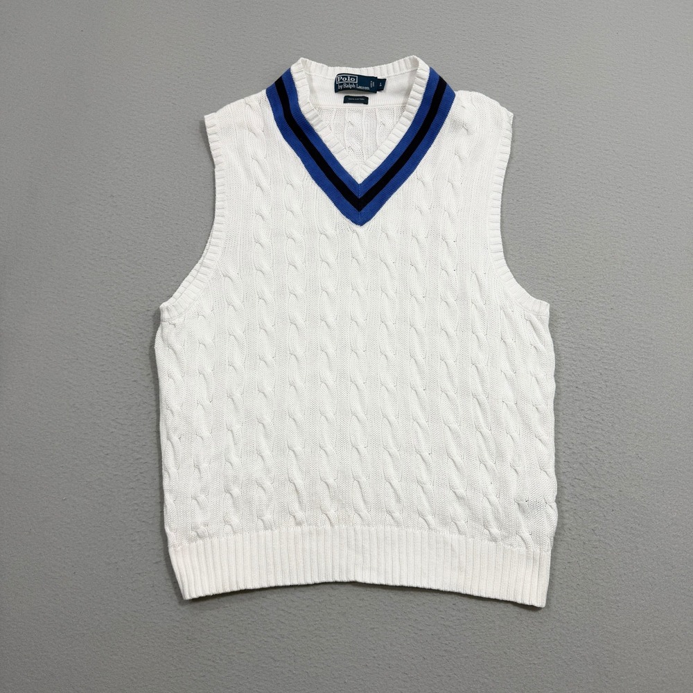Polo Ralph Lauren Cricket Sweater Vest Mens Large White Cable Knit V-Neck Preppy